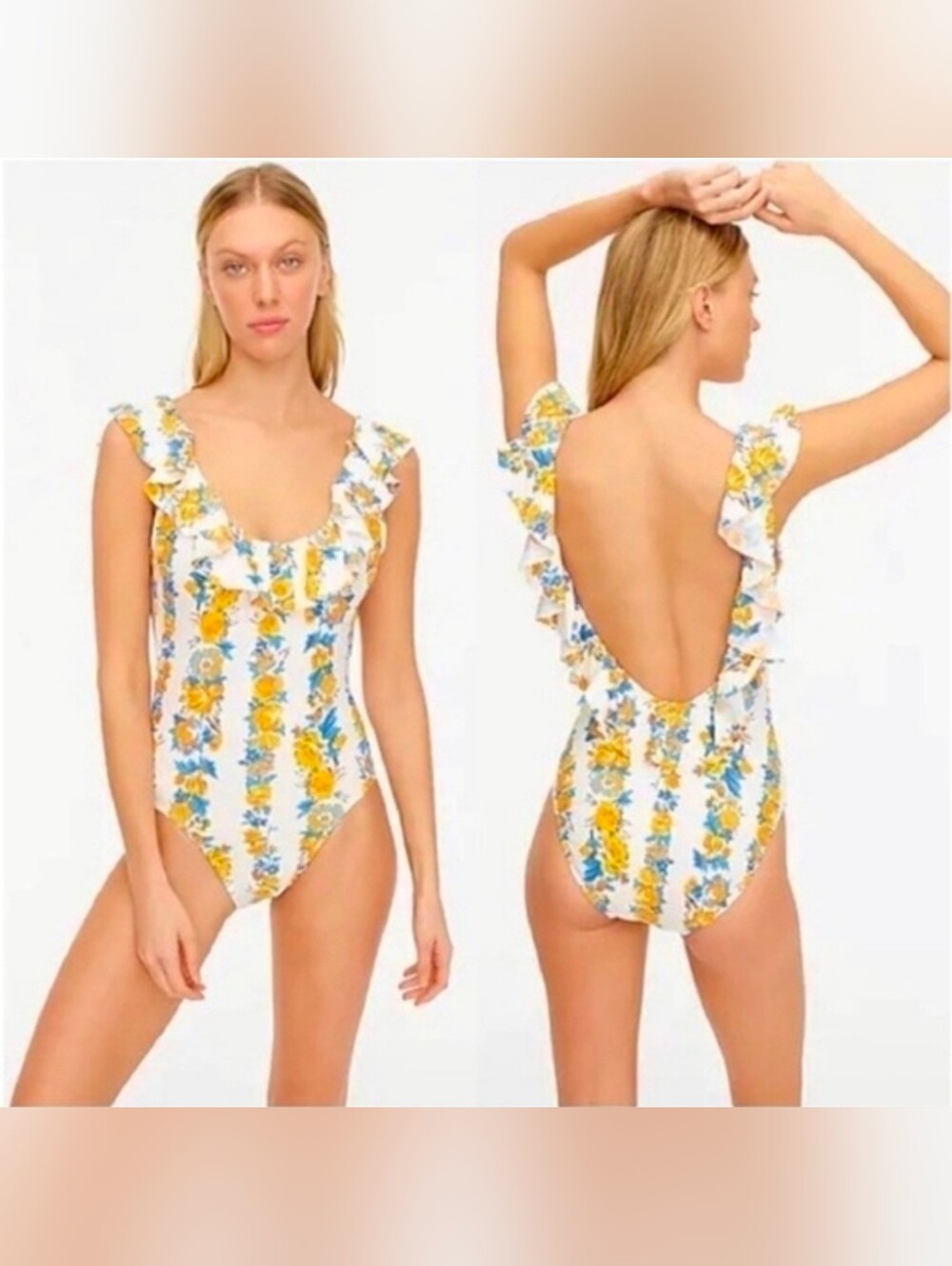 J.Crew Ruffle scoop-back one-piece in blossom stripe